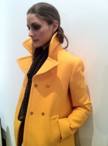 Olivia Palermo in a mustard Alberta Ferretti Pea Coat.