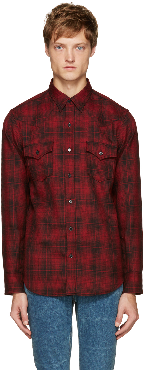 Saint-Laurent-Men-Red-Plaid-Western-Shirt